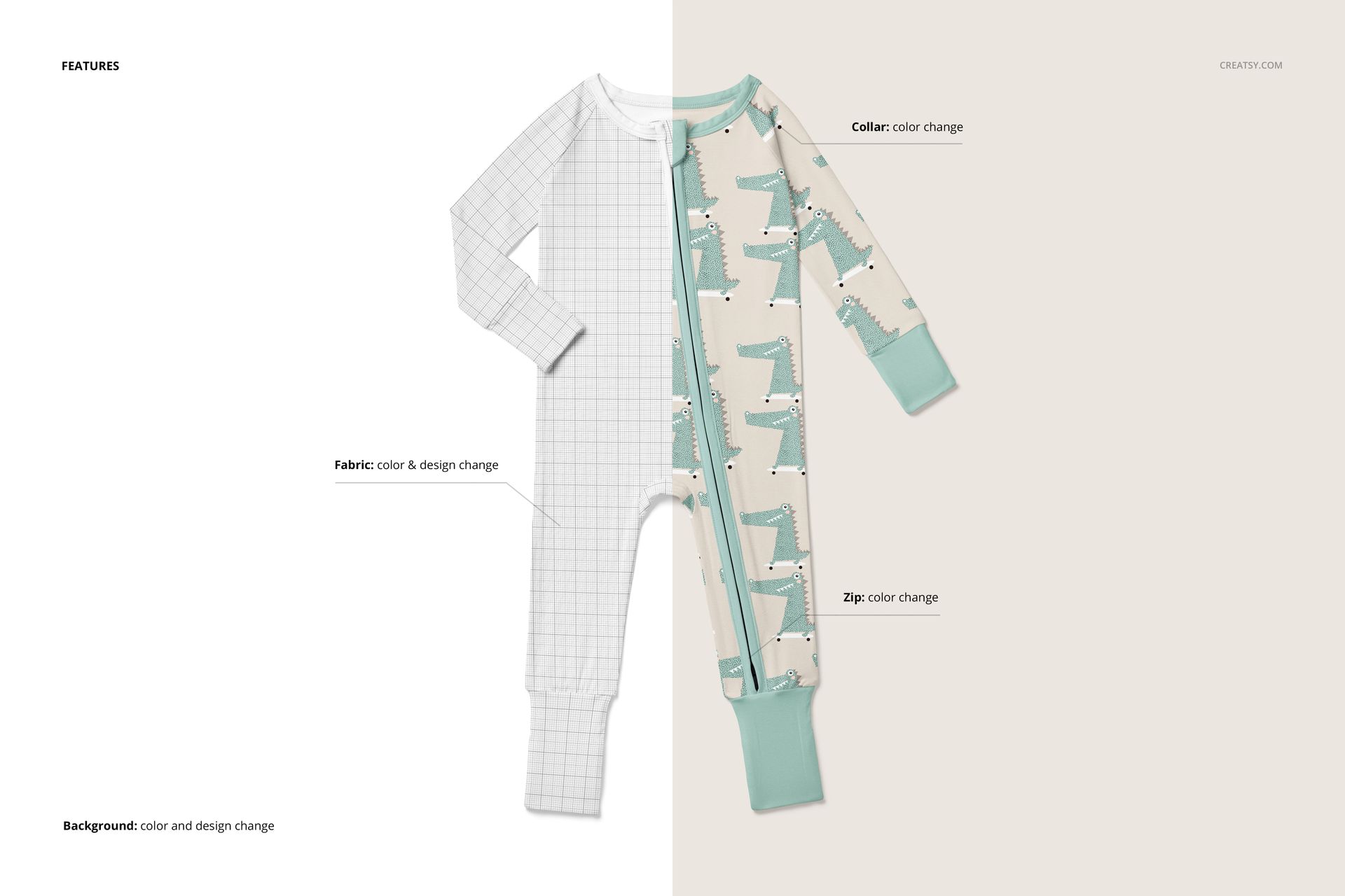 Front view of a baby zip-up pajama mockup split into two halves, showing grid and dinosaur patterns with editable features.