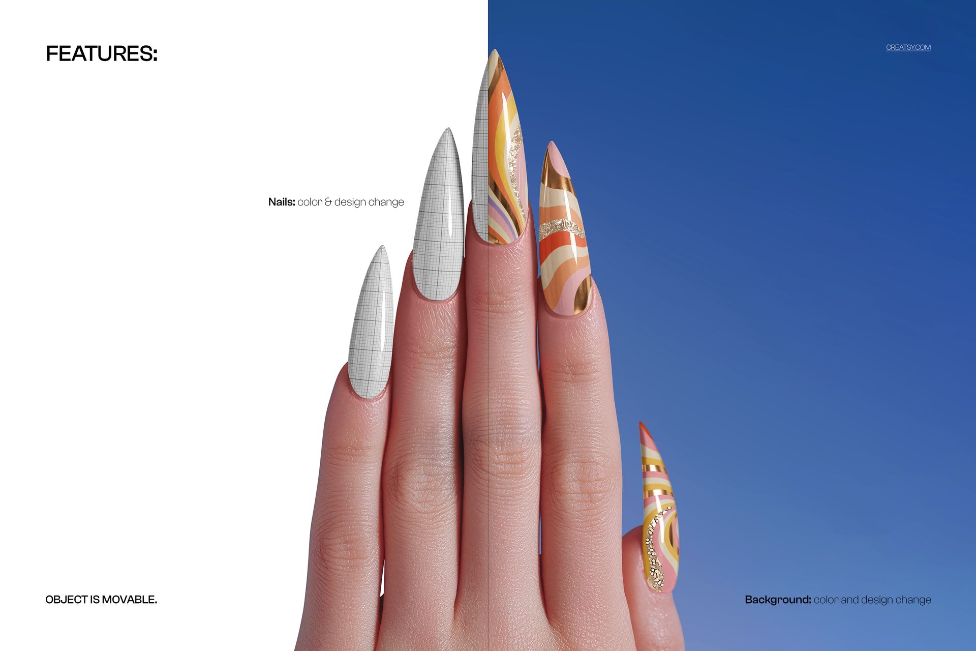 PSD mockup of stiletto nails with varied nail art, including geometric and wavy orange designs, front perspective.