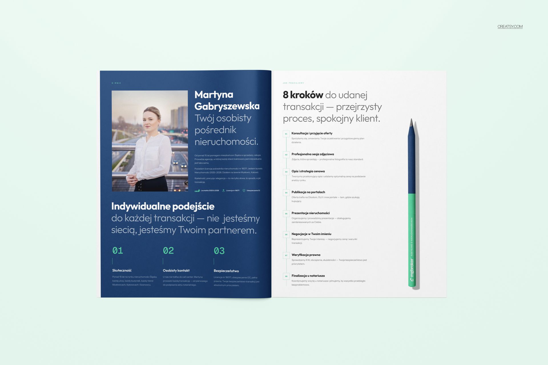 Open company brochure mockup showing two pages with text, a portrait photo, and a pen on a light background.