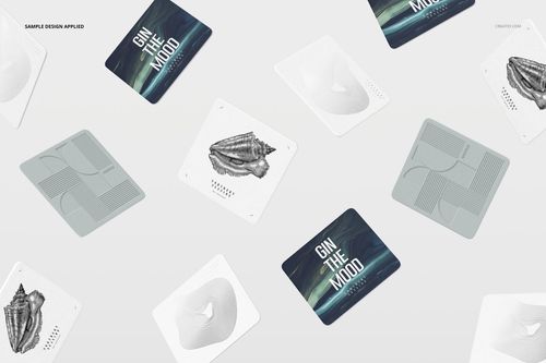 Multiple square coasters mockup featuring assorted artwork, text, and graphics, arranged on a plain white background.