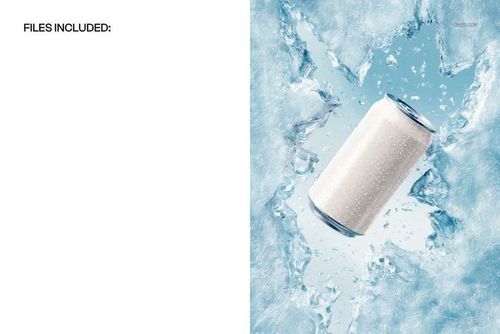 Soda can mockup with a blank label breaking through ice, shown at an angle with water splashes around.