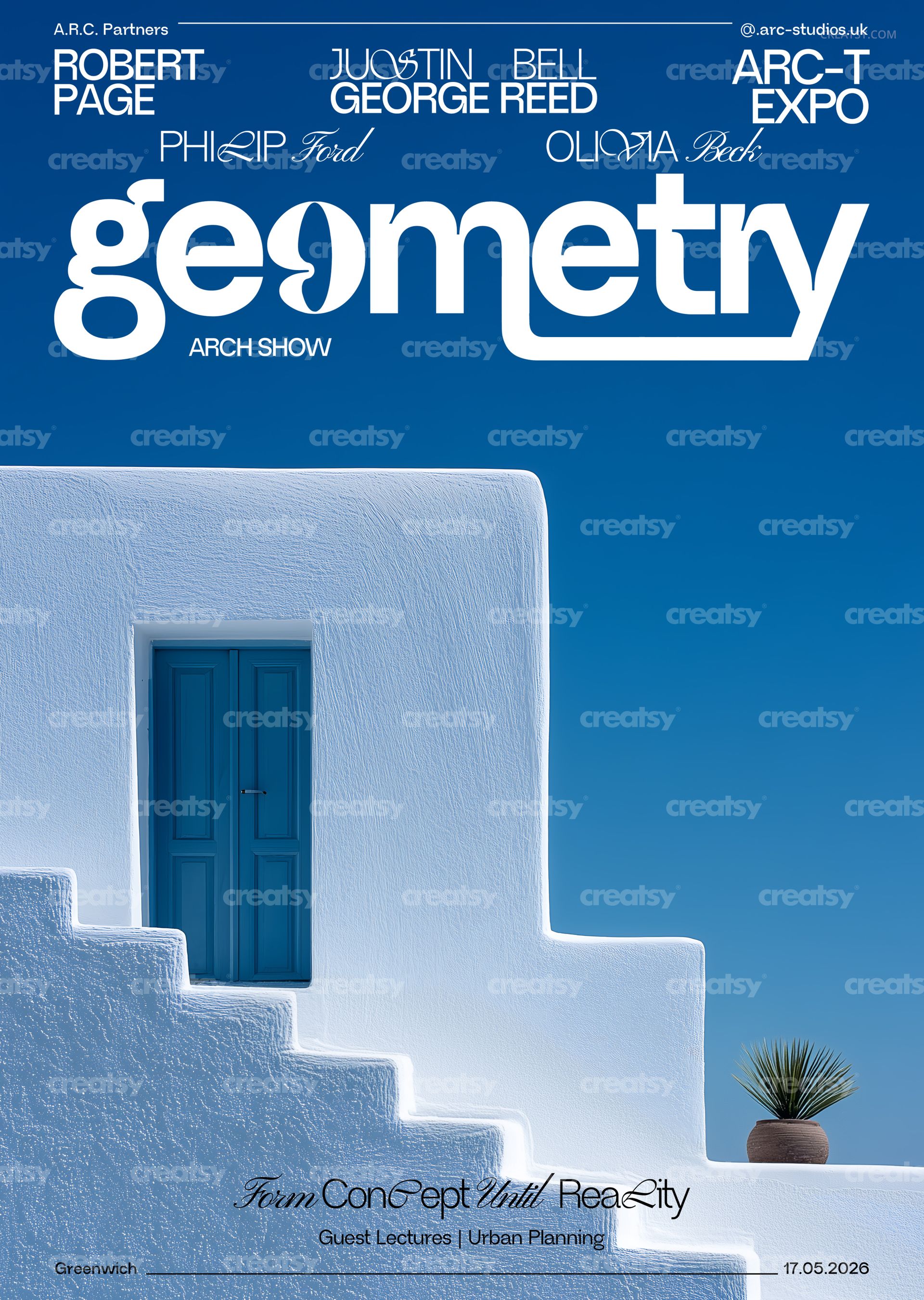 Front view of a poster mockup with white stepped walls, a blue door, and modern typography on a blue background.
