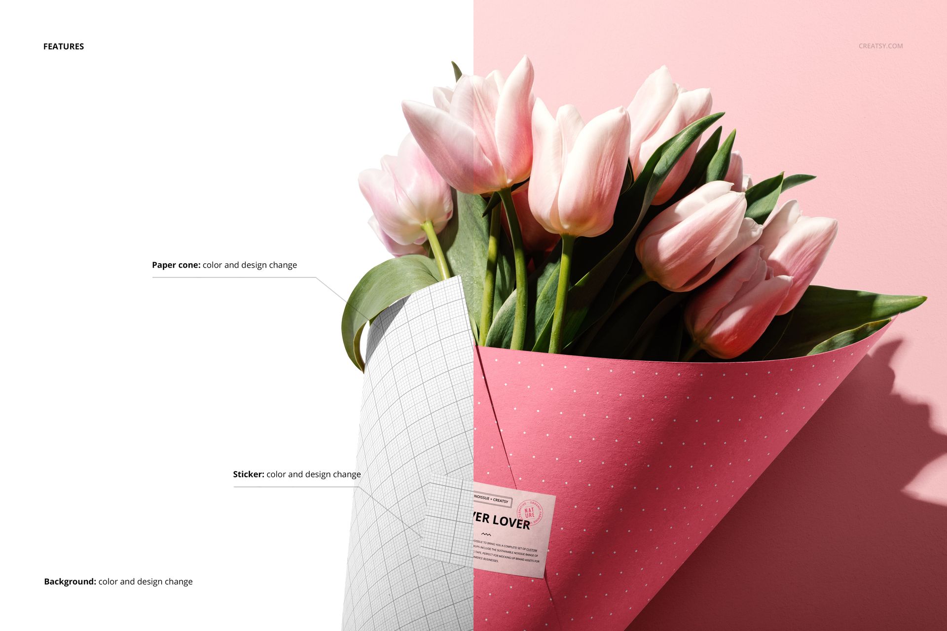 Close-up of a pink paper cone mockup holding light pink tulips, with customizable label and background on a studio surface.