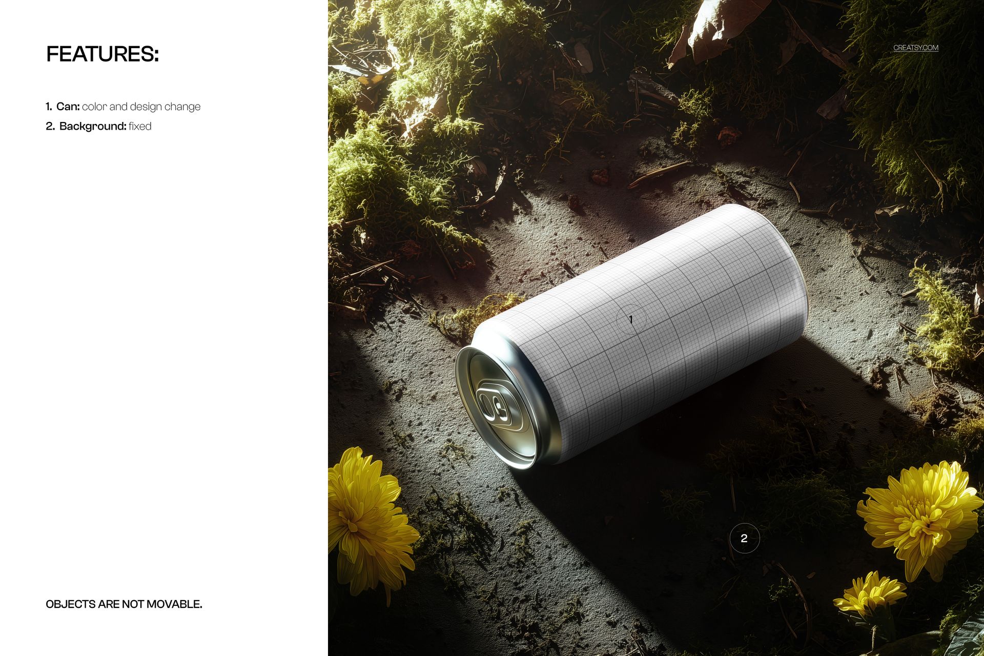 Nature-themed beverage can mockup with grid pattern, placed on earthy ground surrounded by moss and yellow flowers.