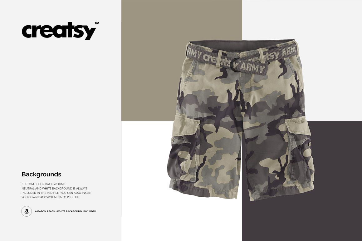 Camouflage cargo shorts mockup shown from the front, featuring side pockets and a neutral white backdrop.