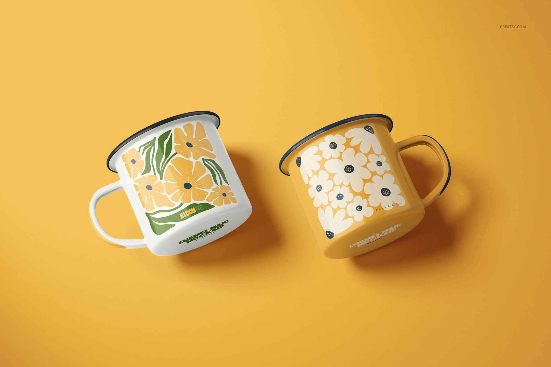 White and yellow enamel mugs featuring flower patterns, shown from above on a yellow surface in a mockup scene.