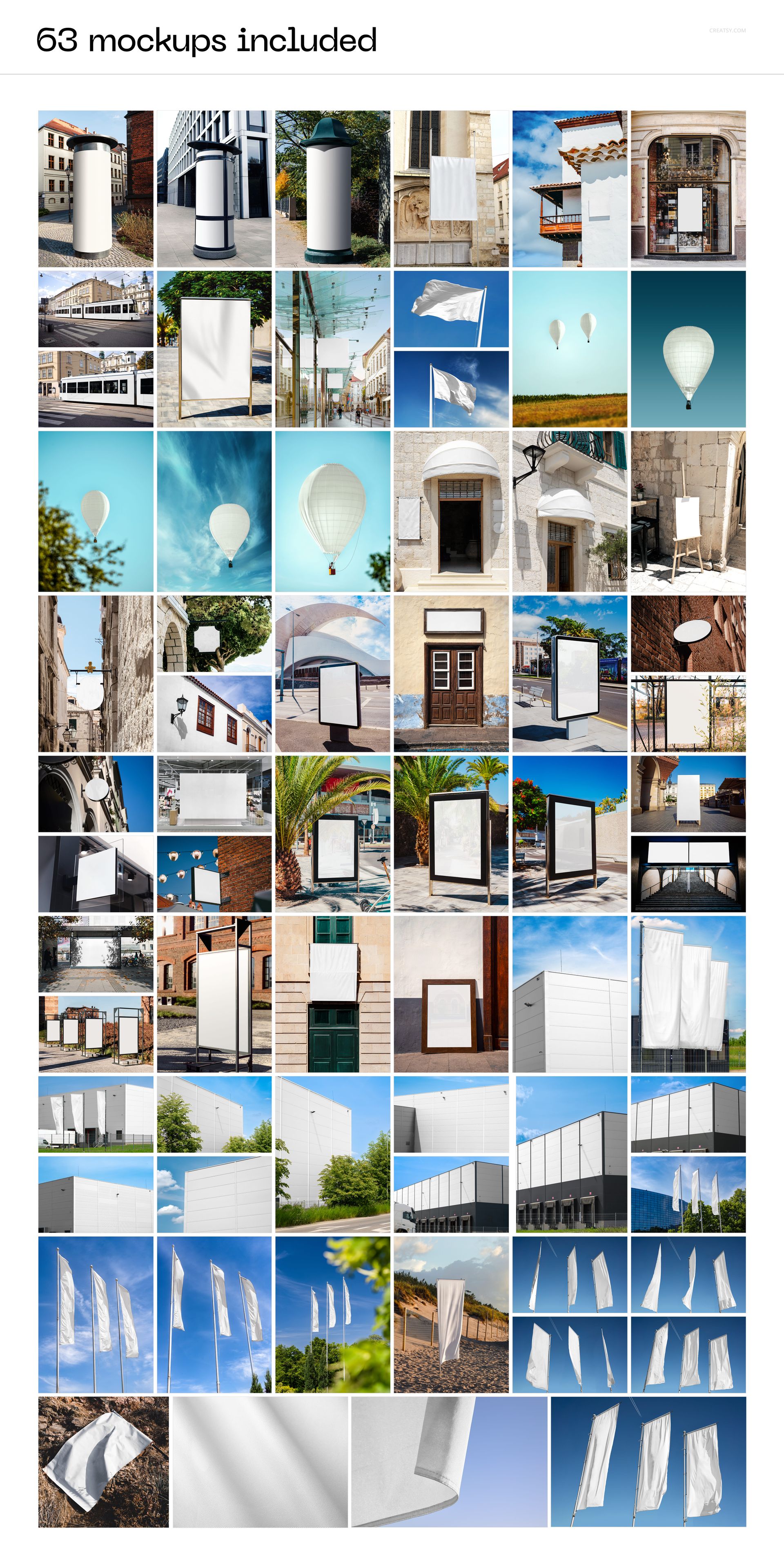 Collage of outdoor and indoor advertising mockups featuring billboards, banners, flags, and hot air balloons in various urban and resort settings.