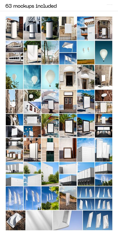 Collage of outdoor and indoor advertising mockups featuring billboards, banners, flags, and hot air balloons in various urban and resort settings.