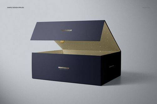 Rectangular magnetic gift box mockup with dark exterior and light interior, shown in a front angled view on a gray background.