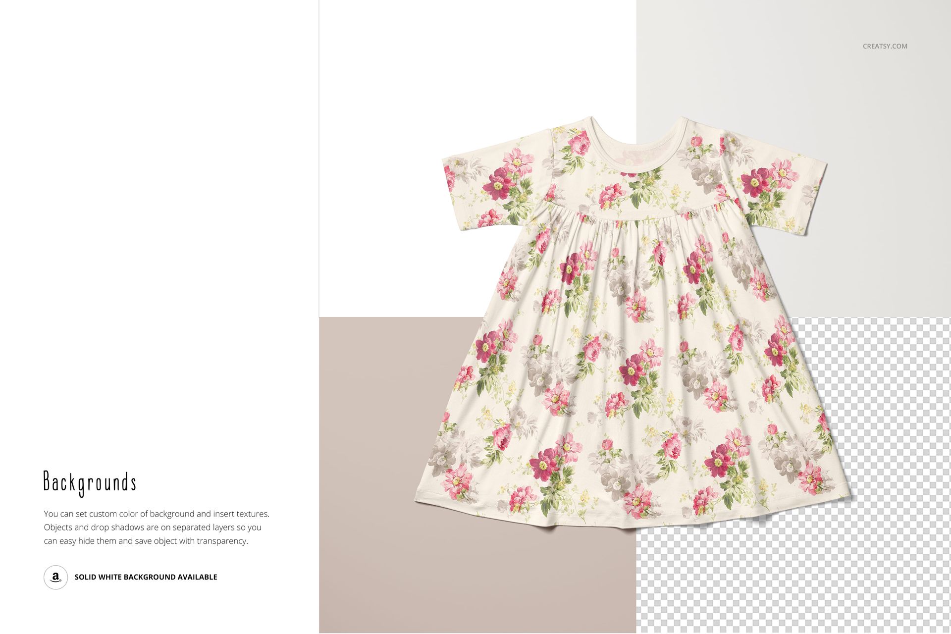Short sleeve swing dress mockup with a floral pattern, displayed on a neutral background with layered textures.