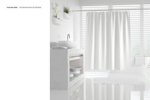 Elegant white bath curtain mockup displayed in a bright, modern bathroom with sleek fixtures and natural light.