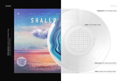 Swirl effect vinyl record and album cover mockup shown from above, featuring a clear record and vibrant artwork.