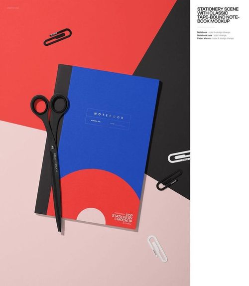 Stationery mockup featuring a closed notebook, scissors, and paper clips on geometric pink, red, and black backgrounds.