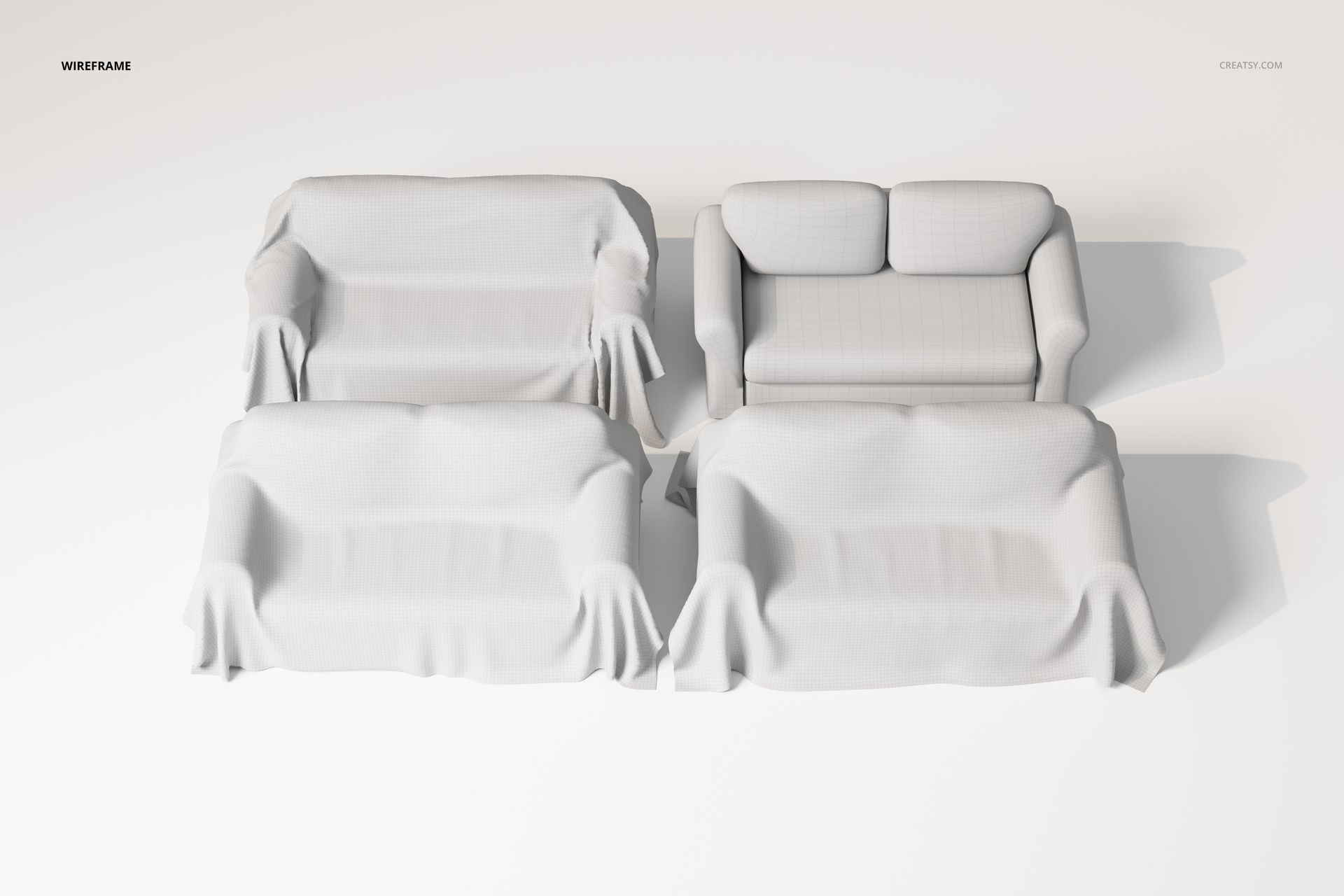 Front view of four sofa throw covers in light gray, displayed on sofas with draped fabric textures on a white background.