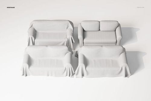 Front view of four sofa throw covers in light gray, displayed on sofas with draped fabric textures on a white background.