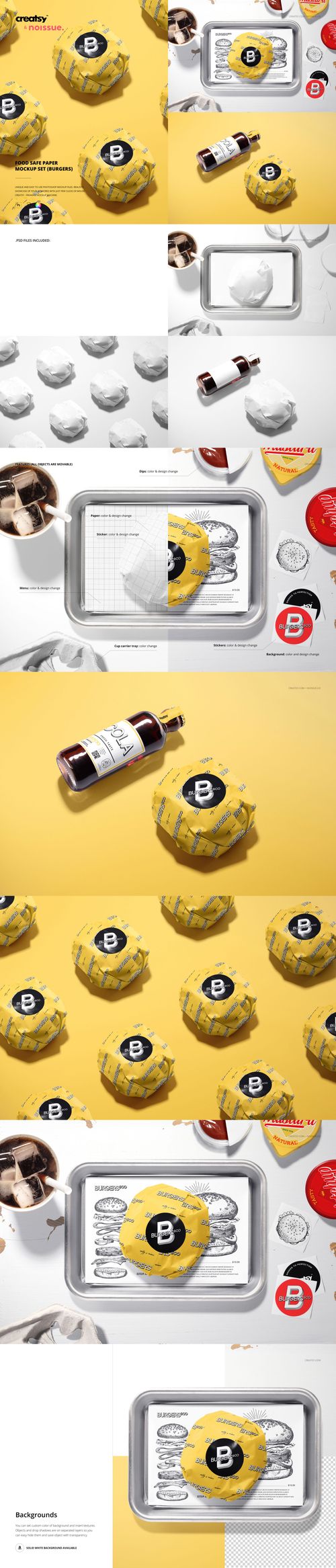 Assorted food safe paper mockups featuring wrapped items, trays, and bottles on white and yellow backgrounds, front and top views.