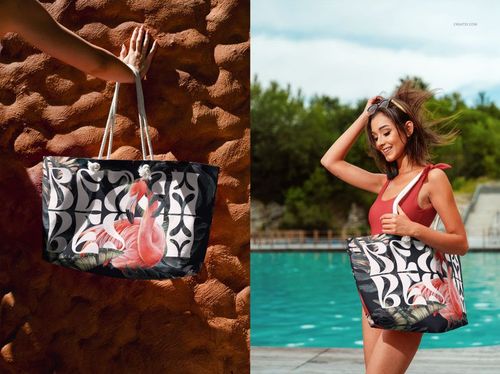 Spun polyester weekender bag mockup featuring a tropical print, displayed by a pool and against a textured clay wall.