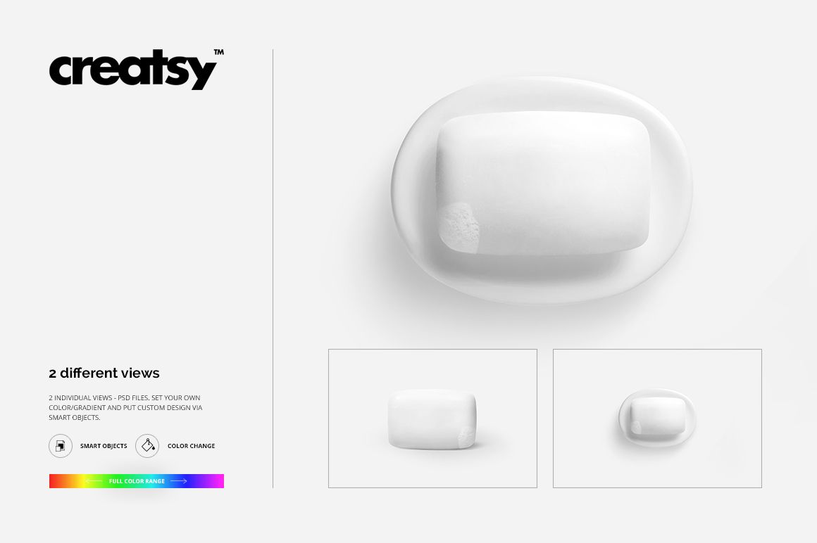 Soap mockup set featuring a glossy white soap bar on a dish, presented with a clean top-down perspective.