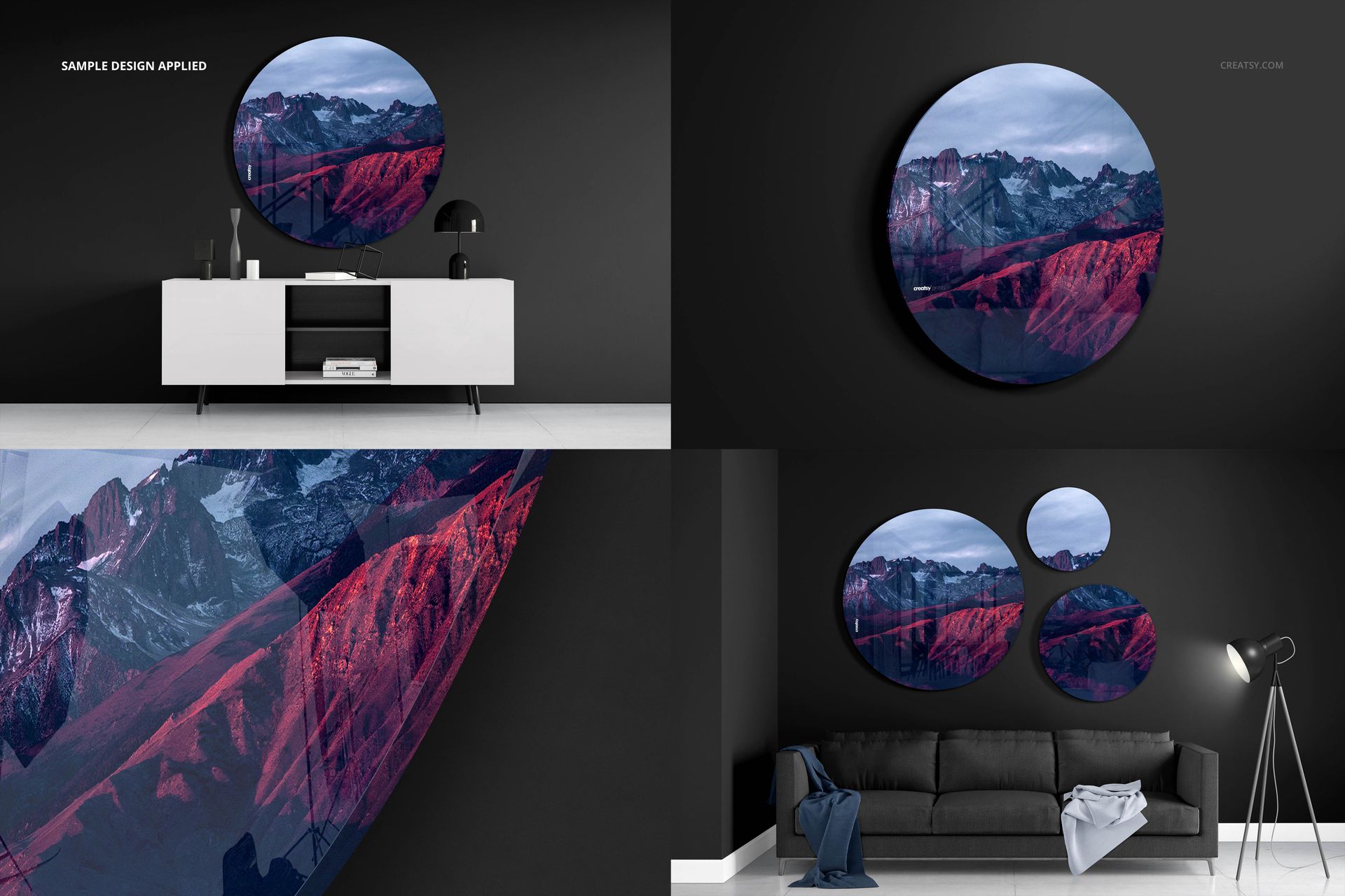 Round acrylic print mockup set featuring mountain landscape artwork, displayed above modern sofas and sideboards.