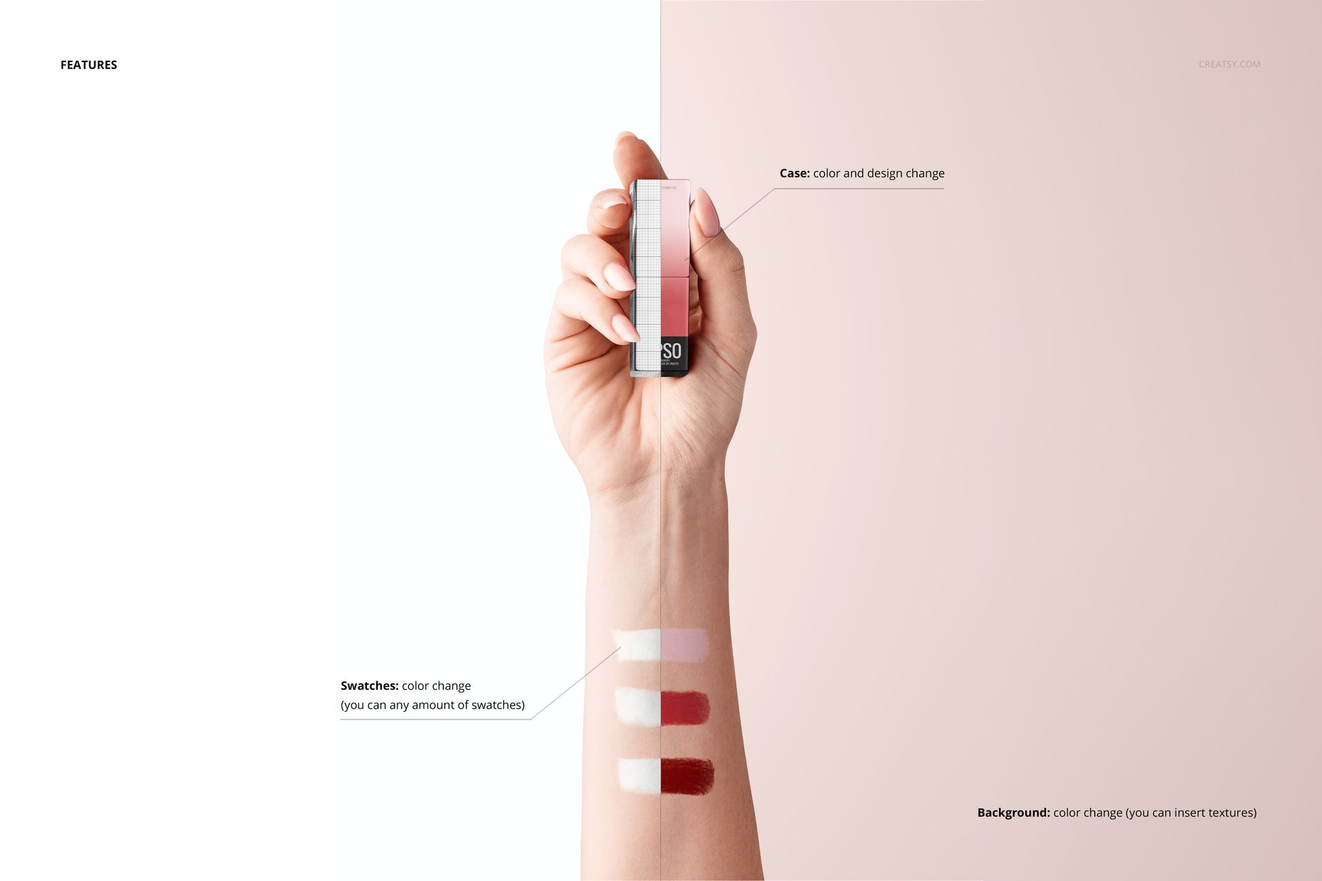 PSD mockup featuring a female hand gripping a lipstick, with multiple lipstick swatches applied to the arm, on a pale pink surface.