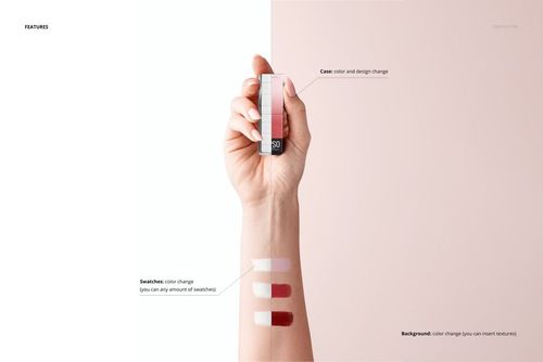 PSD mockup featuring a female hand gripping a lipstick, with multiple lipstick swatches applied to the arm, on a pale pink surface.