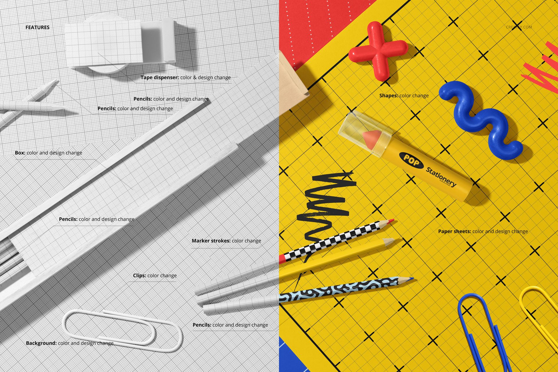 Top view of a wooden pencil box with assorted pencils and paper sheets on a grid-patterned surface, shown in a stationery mockup.