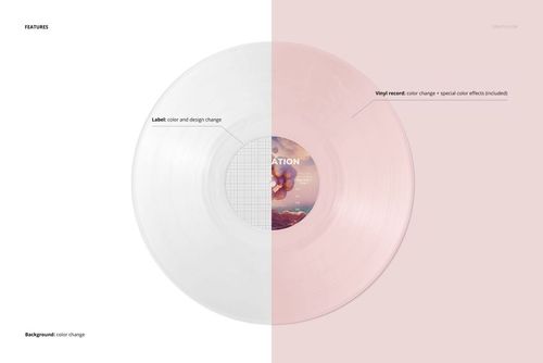 Front view of a colored vinyl LP record mockup with half the disc in white and half in soft pink, label visible at center.