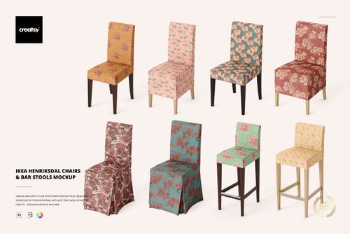 Set of Ikea Henriksdal chairs and bar stools mockup featuring various floral designs and colors, displayed in two rows.