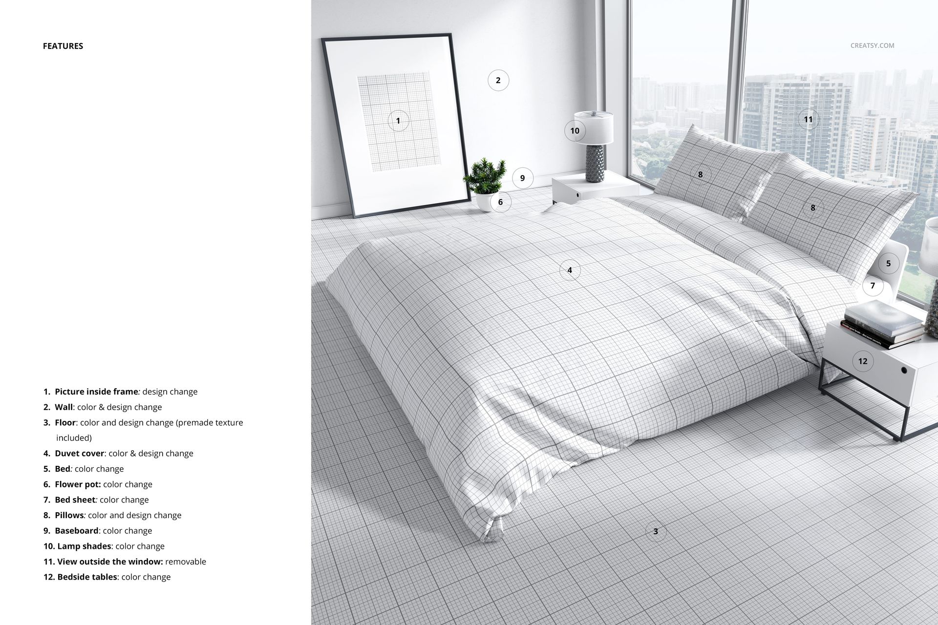 Bedroom mockup showing a double bed with white and gray checkered bedding, bedside table, and panoramic city view.