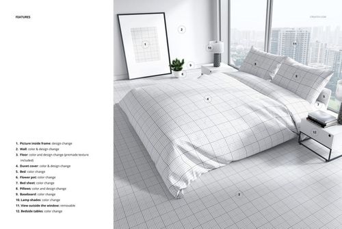 Bedroom mockup showing a double bed with white and gray checkered bedding, bedside table, and panoramic city view.