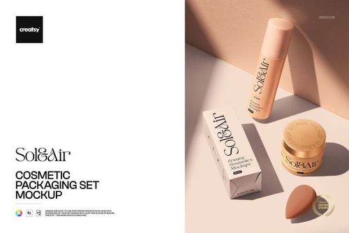 Cosmetic packaging set mockup with a bottle, cream jar, and product box in soft beige tones on a studio surface.