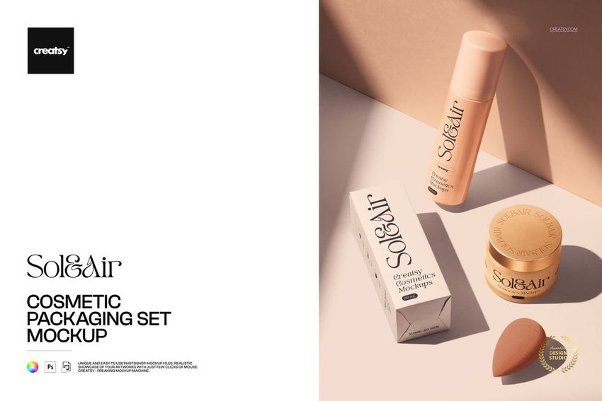 Cosmetic packaging set mockup with a bottle, cream jar, and product box in soft beige tones on a studio surface.