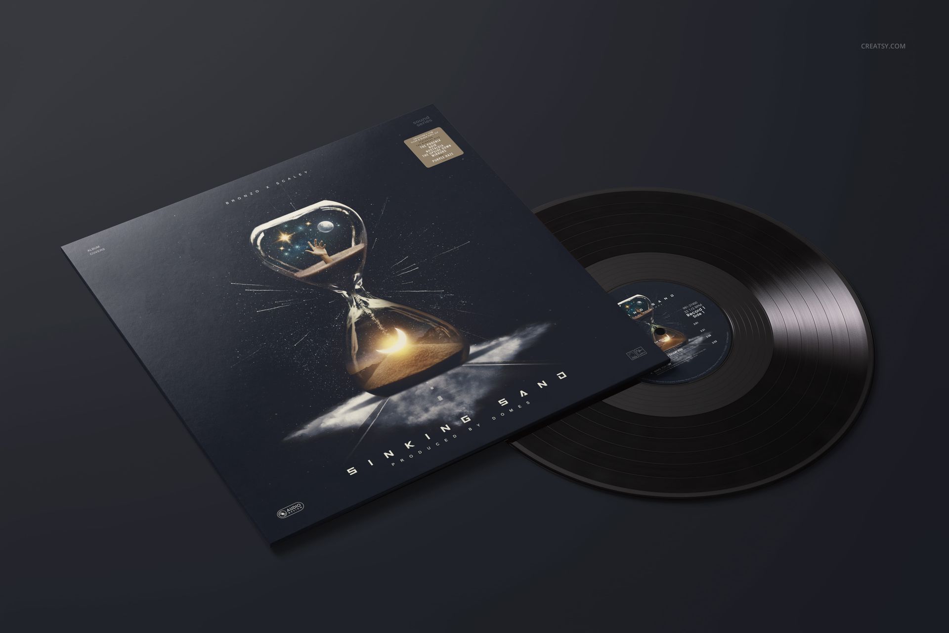 Vinyl record mockup set featuring a black disc and album cover with a cosmic hourglass design, displayed at an angle.