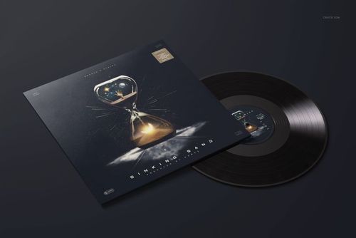 Vinyl record mockup set featuring a black disc and album cover with a cosmic hourglass design, displayed at an angle.