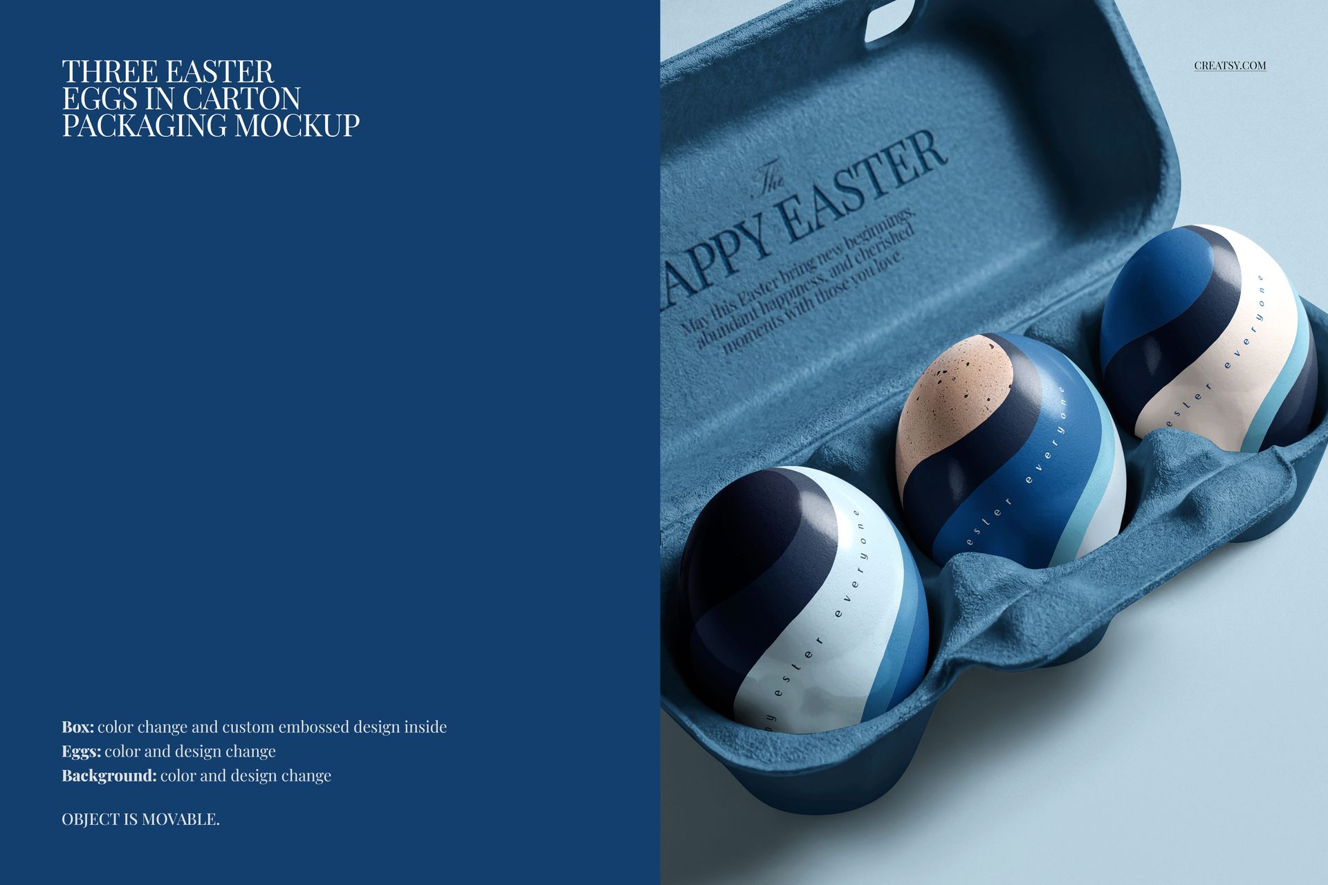 PSD mockup of Easter eggs in a blue carton, each egg displaying unique abstract patterns and soft hues.