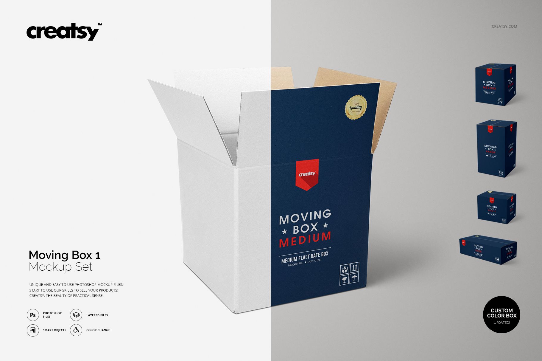 Set of five moving box mockups in various sizes and colors, displayed against a neutral background with open flaps.