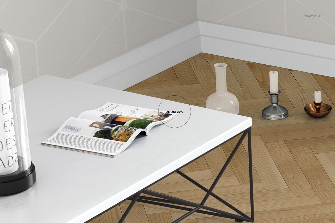 PSD mockup of a contemporary living space showing a coffee table, candles, magazine, and geometric wood floor.