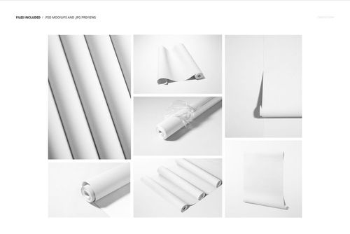 Multiple views of non-woven vinyl wallpaper mockup, including rolled and partially unrolled sheets on a plain surface.