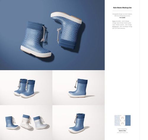 Little Fashion 2 PSD mockup featuring blue patterned children's rain boots, presented in different views and lighting.