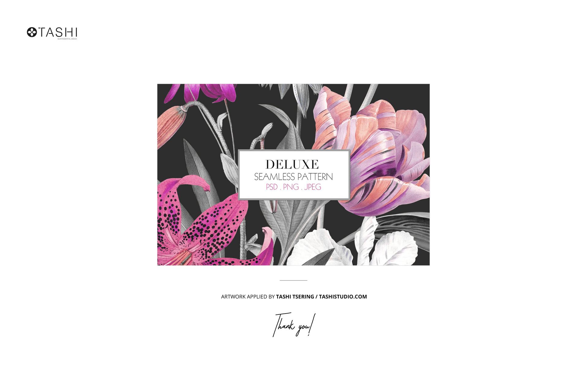 Front view of a deluxe seamless floral pattern mockup with pink, purple, and white flowers on a dark background.