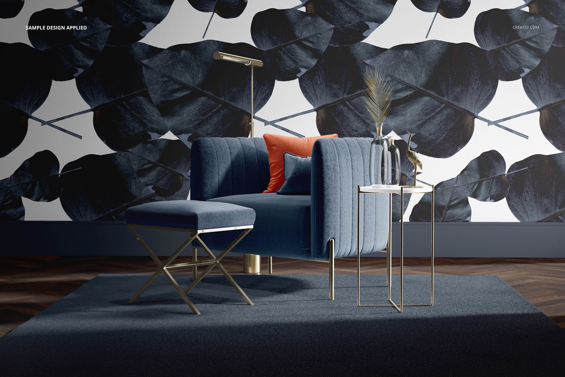 Blue velvet armchair and stool mockup shown with gold legs, orange cushion, and side table in a modern interior.