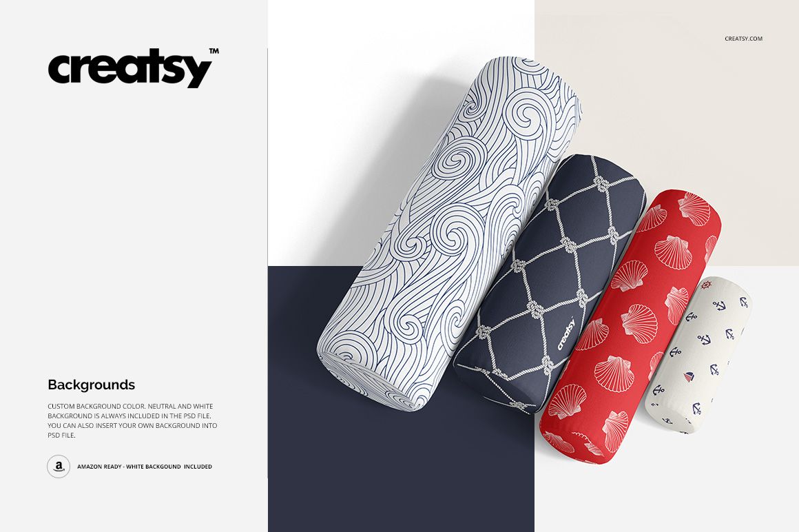 Bolster pillow PSD mockup set showing three cylindrical pillows with unique designs and a neutral background.
