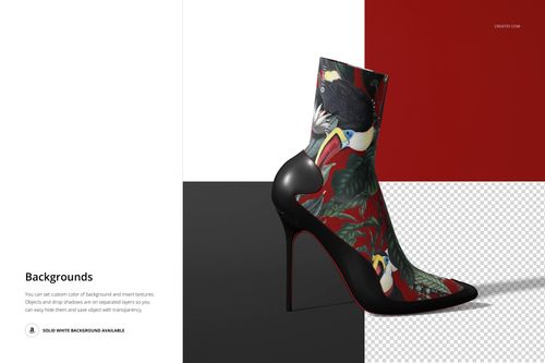 High-heeled fabric ankle boot mockup with a tropical bird and leaf pattern, shown in front view on a geometric background.