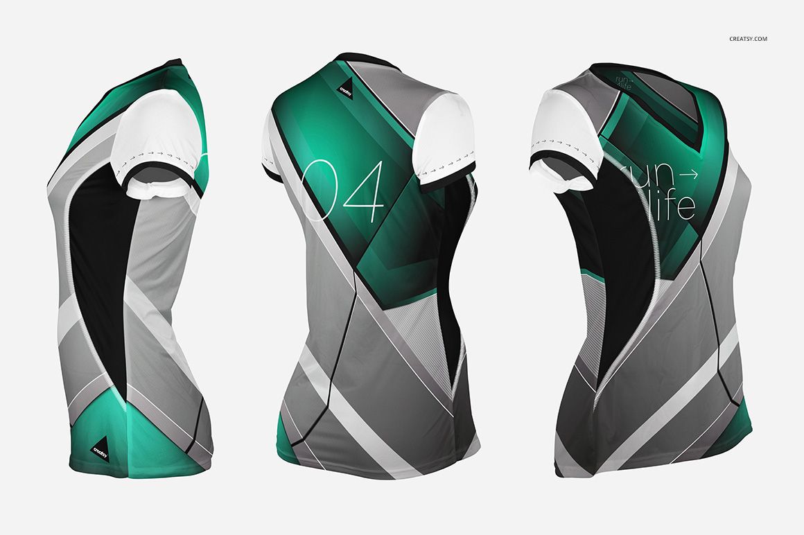 Women’s running jersey mockup with geometric green, gray, and black pattern, shown from three side angles on a white background.