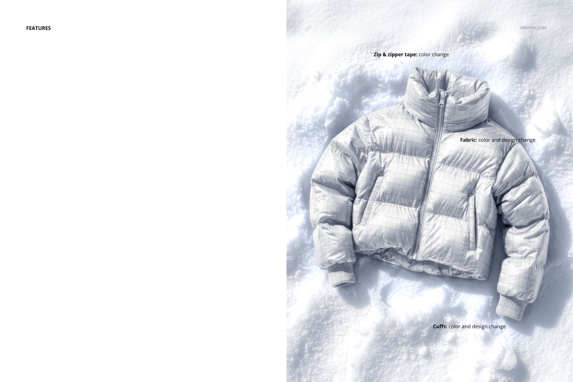 Kids puffer jacket mockup in light gray displayed on snow, front view showing zip and cuffs, winter scene.