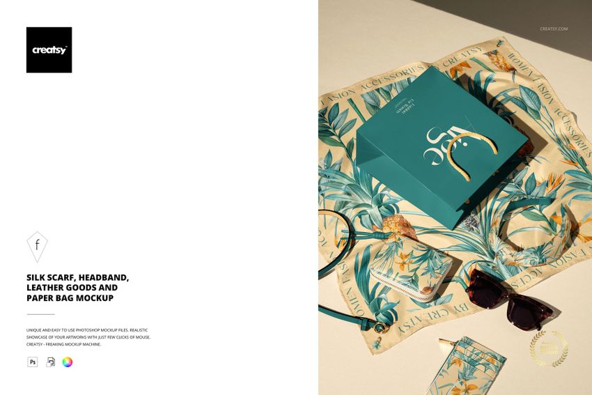 Free Silk Scarf Headband Leather Goods and Shopping Bag PSD Mockup - mockup screenshot 1