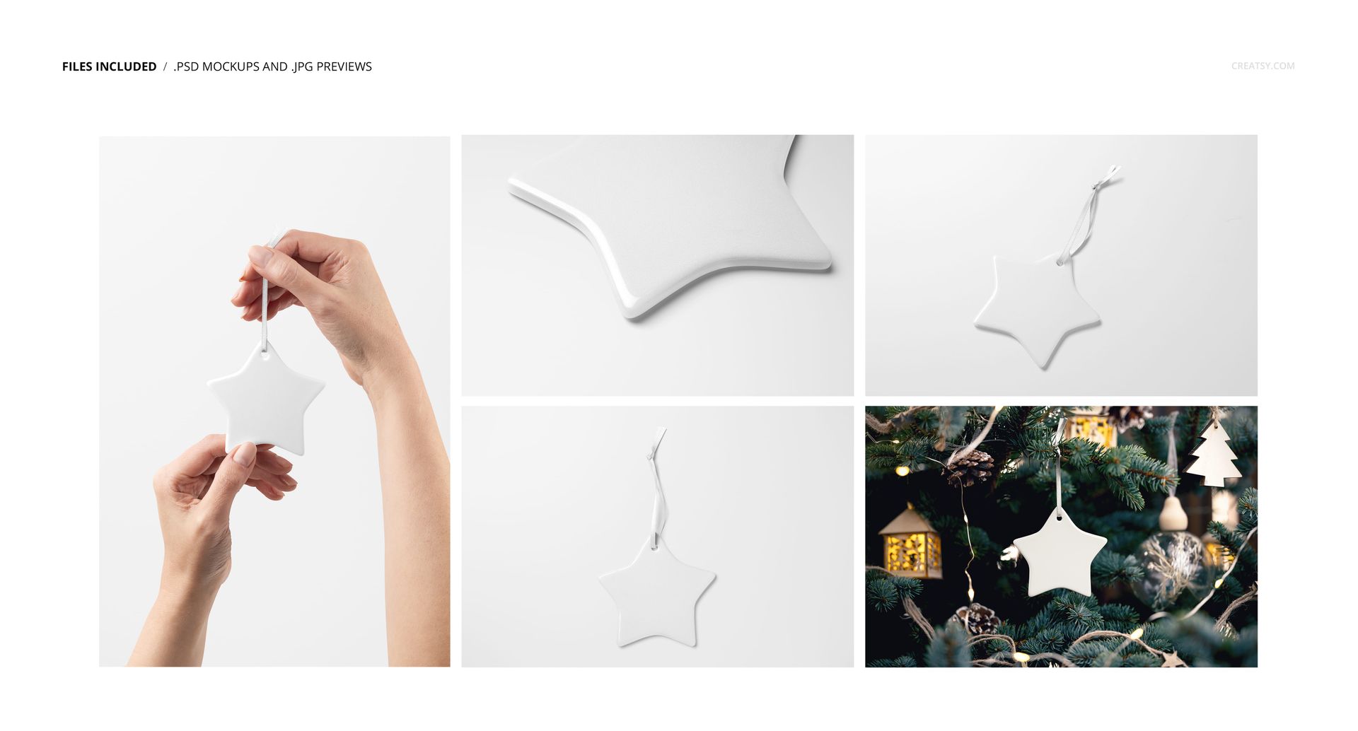 Star-shaped ceramic Christmas ornament mockup shown in various angles, including close-ups and hanging on a tree.