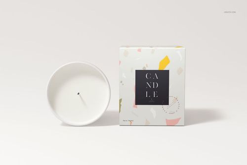 Nordic style candle mockup set featuring a white round vessel candle next to a patterned box, front view on light background.