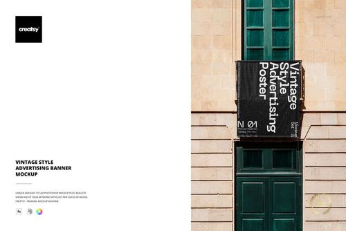 Vertical vintage style advertising banner mockup displayed on a green door set in a beige stone building, front view.