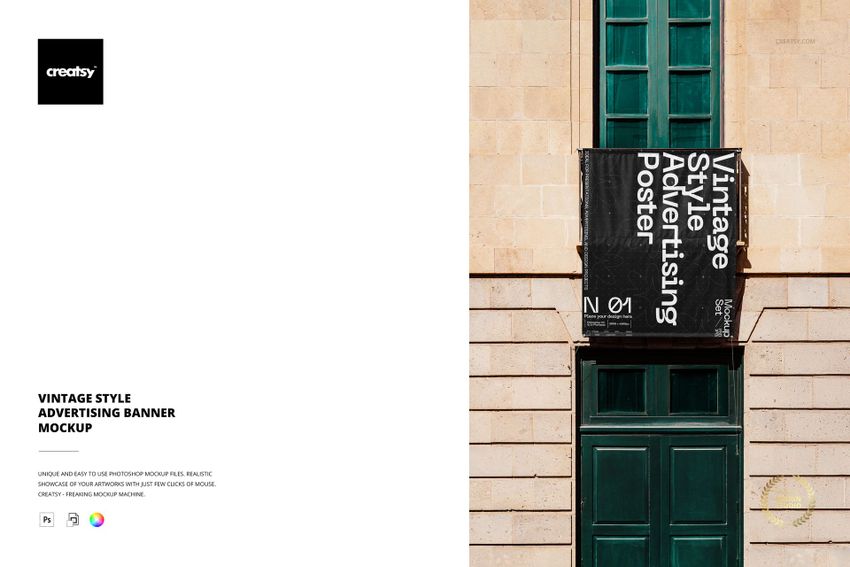 Vertical vintage style advertising banner mockup displayed on a green door set in a beige stone building, front view.